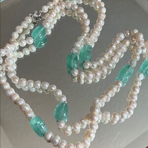 48” 7-8mm Freshwater Pearl and Amazonite Necklace with a Sterling Silver Clasp